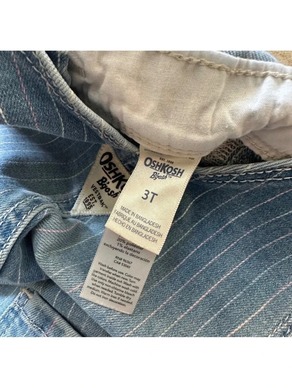 OshKosh B'gosh Girls 3T Light Blue Pinkand White Pinstriped Denim Overalls